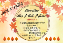 11月4日(土)スペシャルディナーショー「Harp & Violin＆Guitar」開催のお知らせ♪